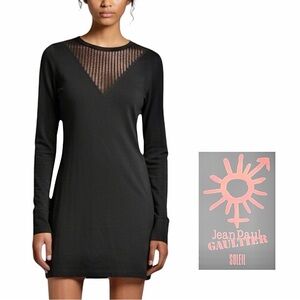 JEAN PAUL GAULTIER  Fuzzi Knit Embroidered Floral Black Mesh LS Tunic Mini Dress